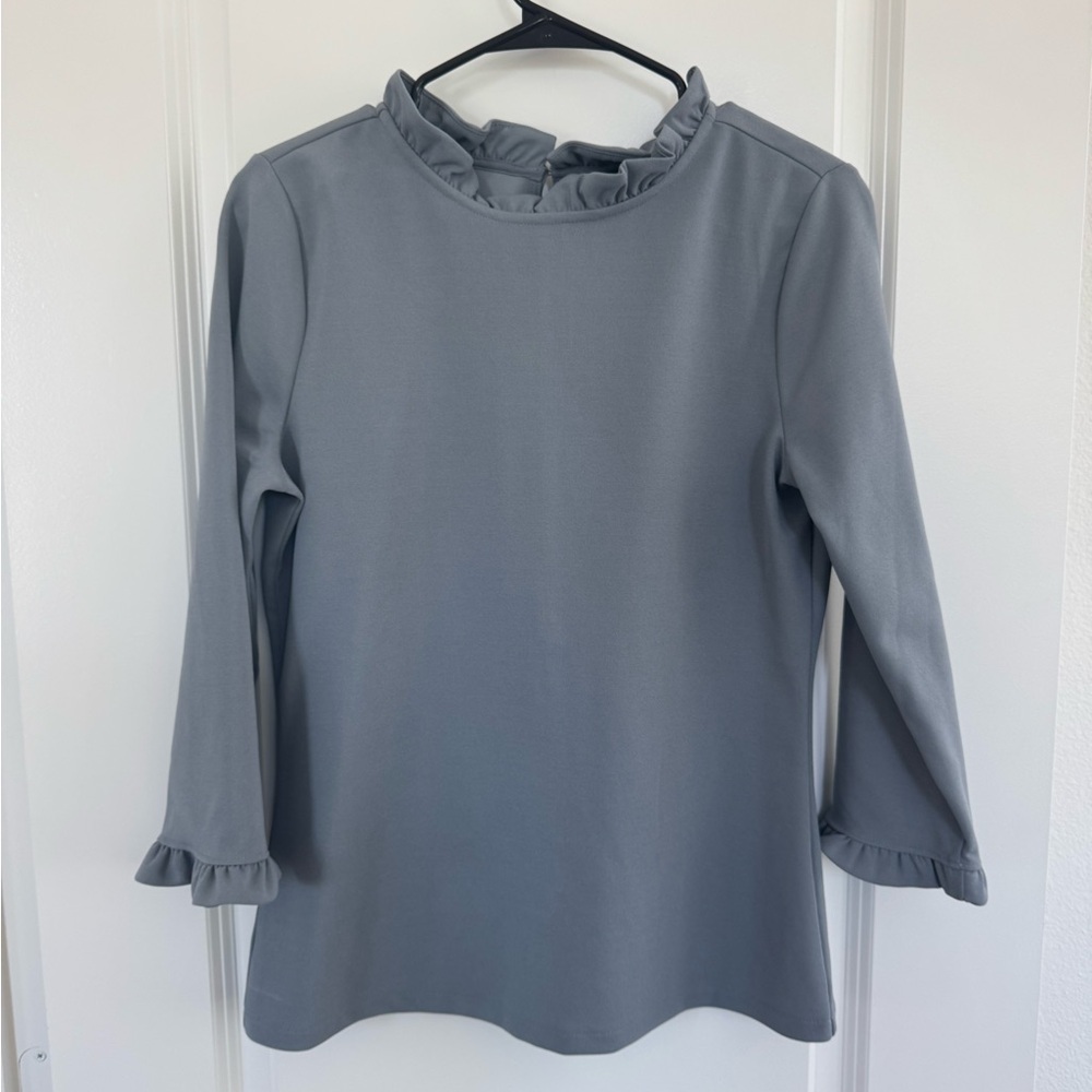 Ann Taylor Gray/Blue Flutter Sleeve Ruffled Blouse